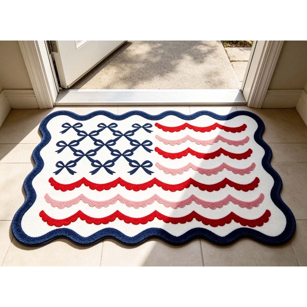 Patriotic Bow Flag Doormat, Wavy Edge Polyester Entrance Rug, Non-Slip Indoor Outdoor Carpet for Front Porch and Home Decor, L:23.62x35.43in