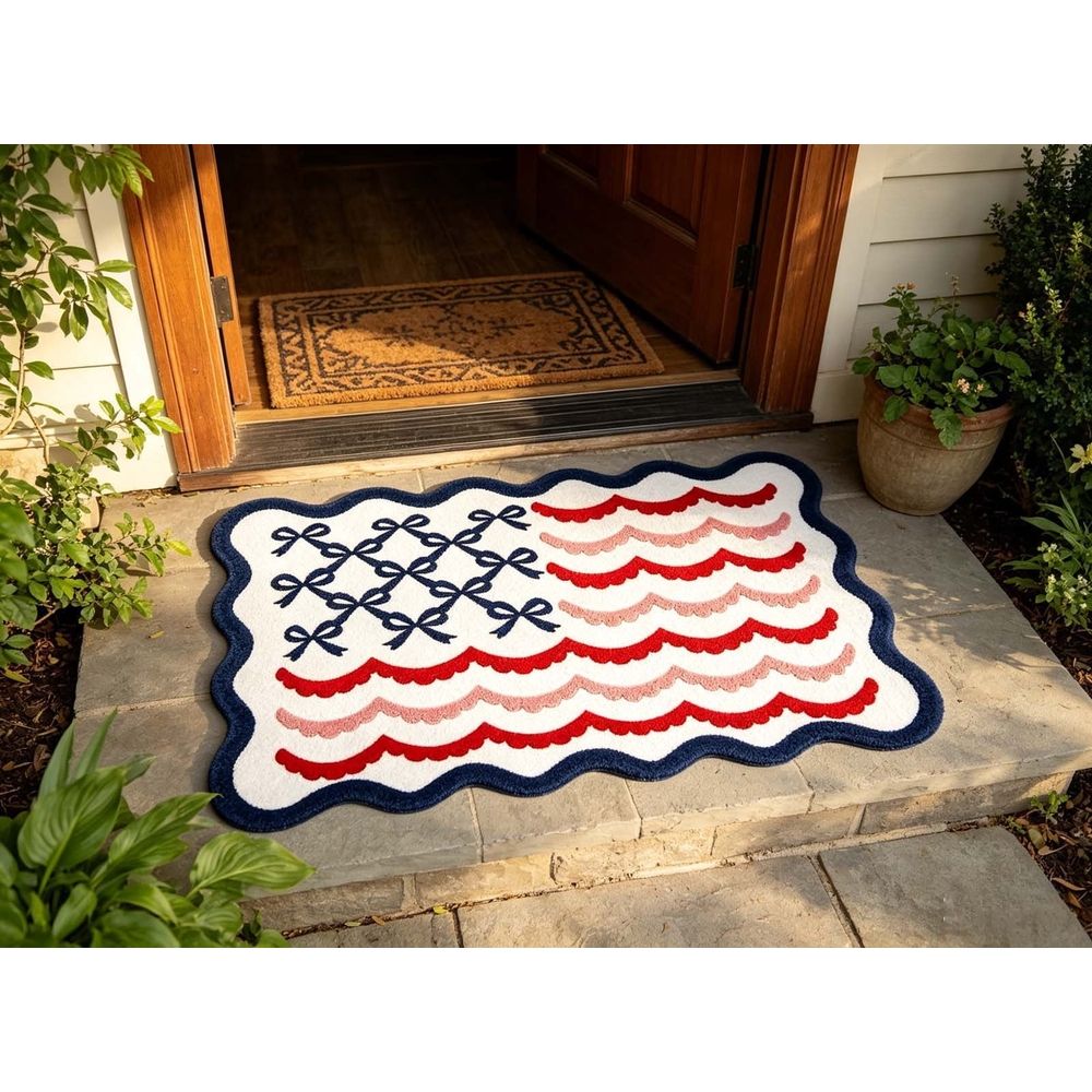 Patriotic Bow Flag Doormat, Wavy Edge Polyester Entrance Rug, Non-Slip Indoor Outdoor Carpet for Front Porch and Home Decor, L:23.62x35.43in