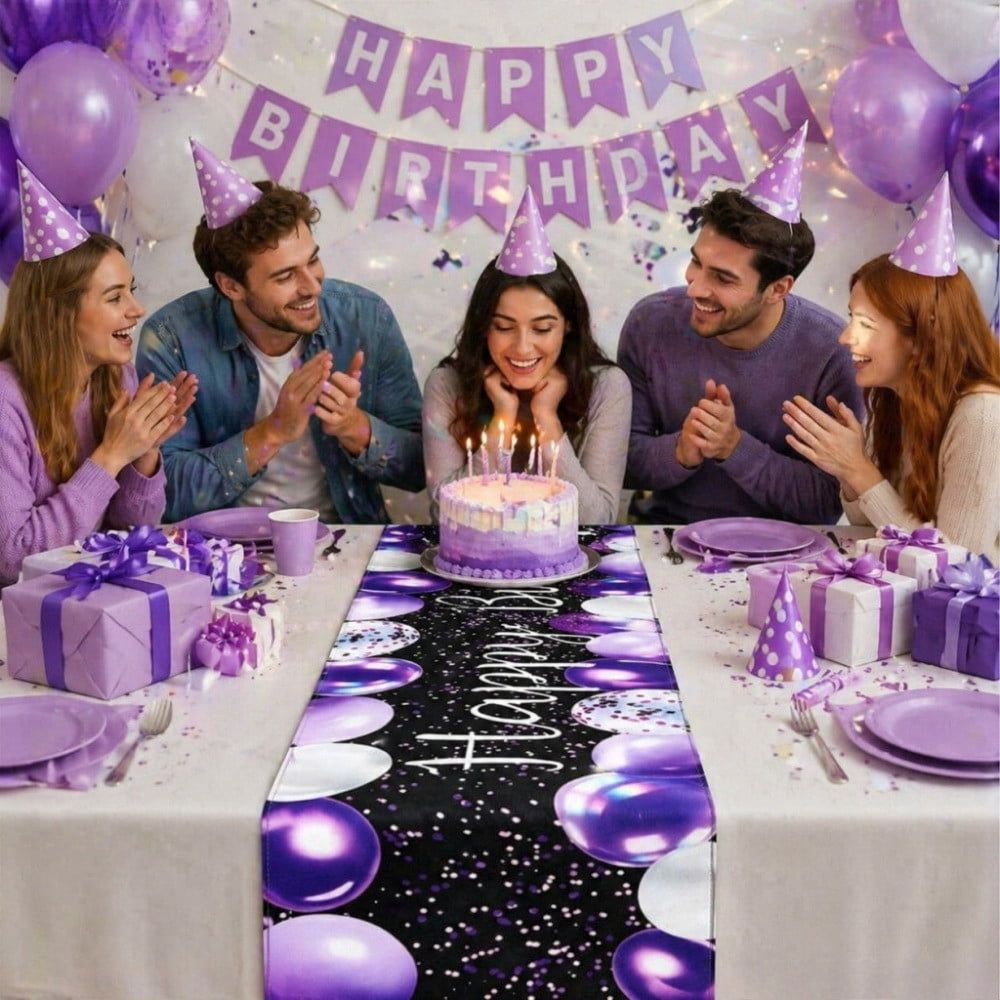 Happy Birthday Table Runner 72in, Graffiti Style Linen Party Table Runner for Birthday Party Kitchen Dining Table Decor, F