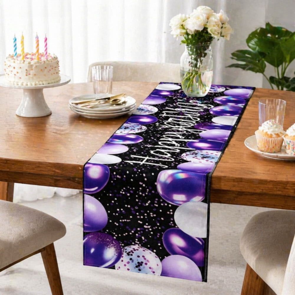 Happy Birthday Table Runner 72in, Graffiti Style Linen Party Table Runner for Birthday Party Kitchen Dining Table Decor, F