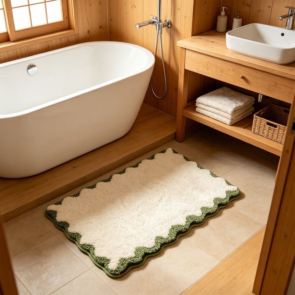 Scalloped Edge Bath Mat 15.74x23.62in, Polyester Absorbent Non-Slip Rug, Soft Plush Foot Mat for Bathroom Entryway, Green