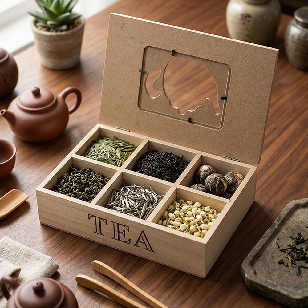 Multi Compartment Wood Tea Organizer Box Storage Case for Kitchen Office Countertop