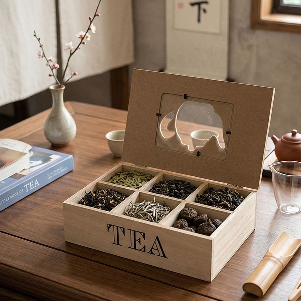Multi Compartment Wood Tea Organizer Box Storage Case for Kitchen Office Countertop