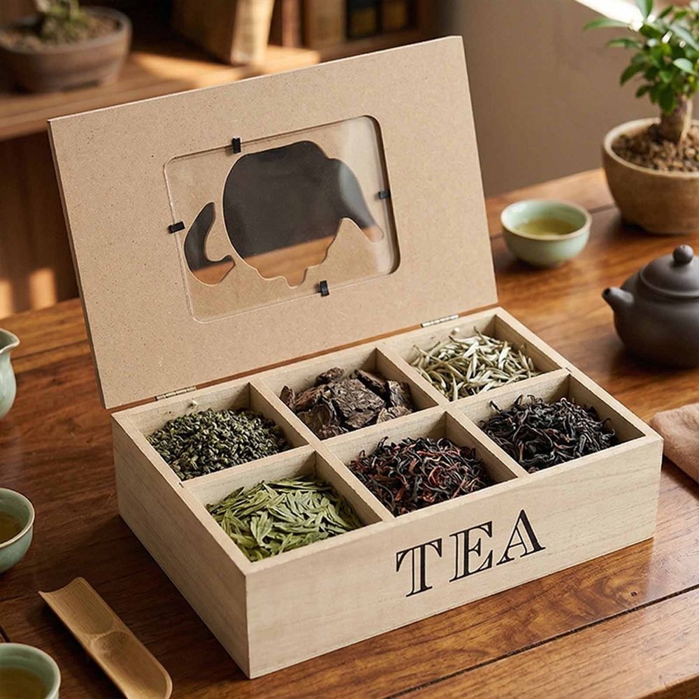 Multi Compartment Wood Tea Organizer Box Storage Case for Kitchen Office Countertop