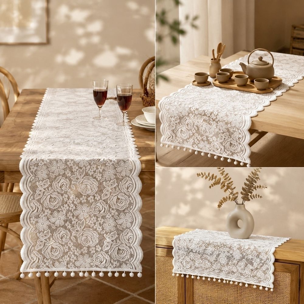 Exquisite Lace Table Runner French Country Sheer Table Flag Vintage Boho Wedding Decor for Dining Room Coffee Table Soft Breathable Romantic