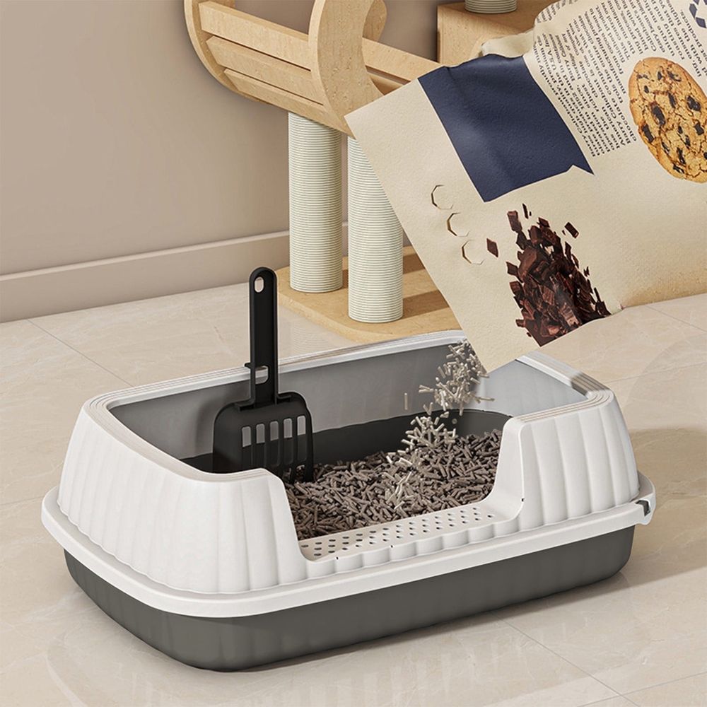Semi Enclosed Cat Litter Box, Splash Proof High Side Toilet Basin, Sturdy Plastic Pet Pot with Shovel, Leak-proof Cleaning Tool for Kitten Daily Use, Dark Gray