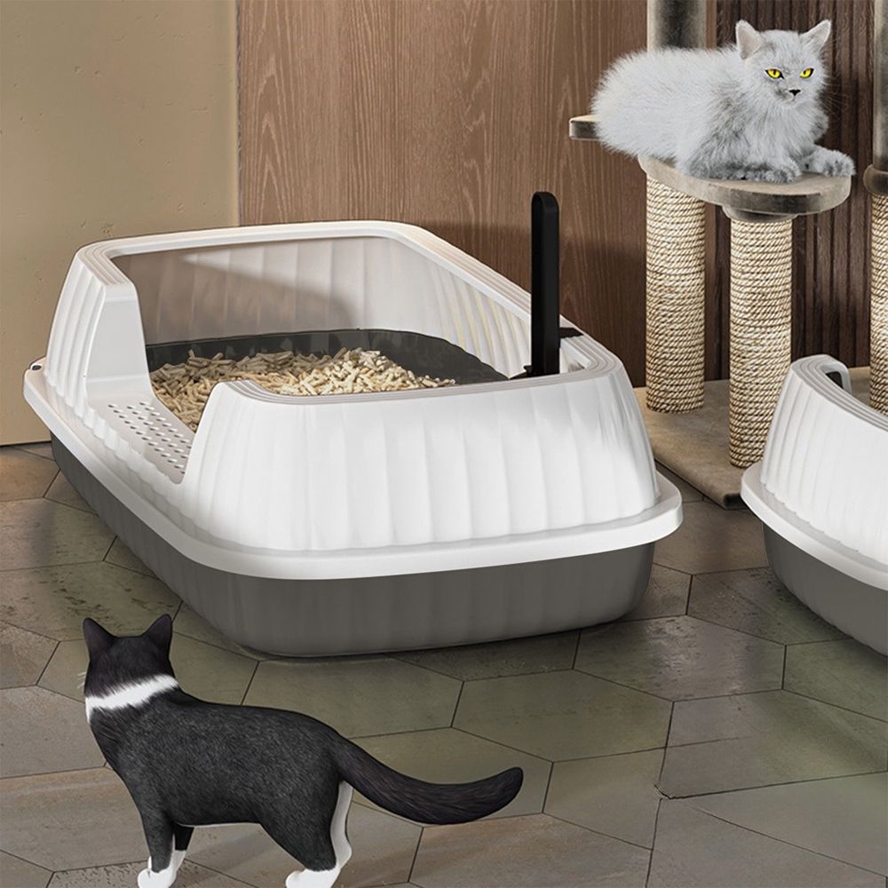 Semi Enclosed Cat Litter Box, Splash Proof High Side Toilet Basin, Sturdy Plastic Pet Pot with Shovel, Leak-proof Cleaning Tool for Kitten Daily Use, Dark Gray