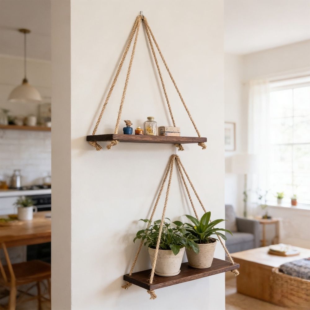 Small Boho Shelf Natural Wood Hanging Wall Shelves, Floating Rustic Storage, Space-Saving Vertical Design for Living Room, Bedroom, Kitchen, Office, Brown