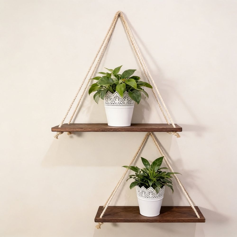 Small Boho Shelf Natural Wood Hanging Wall Shelves, Floating Rustic Storage, Space-Saving Vertical Design for Living Room, Bedroom, Kitchen, Office, Brown