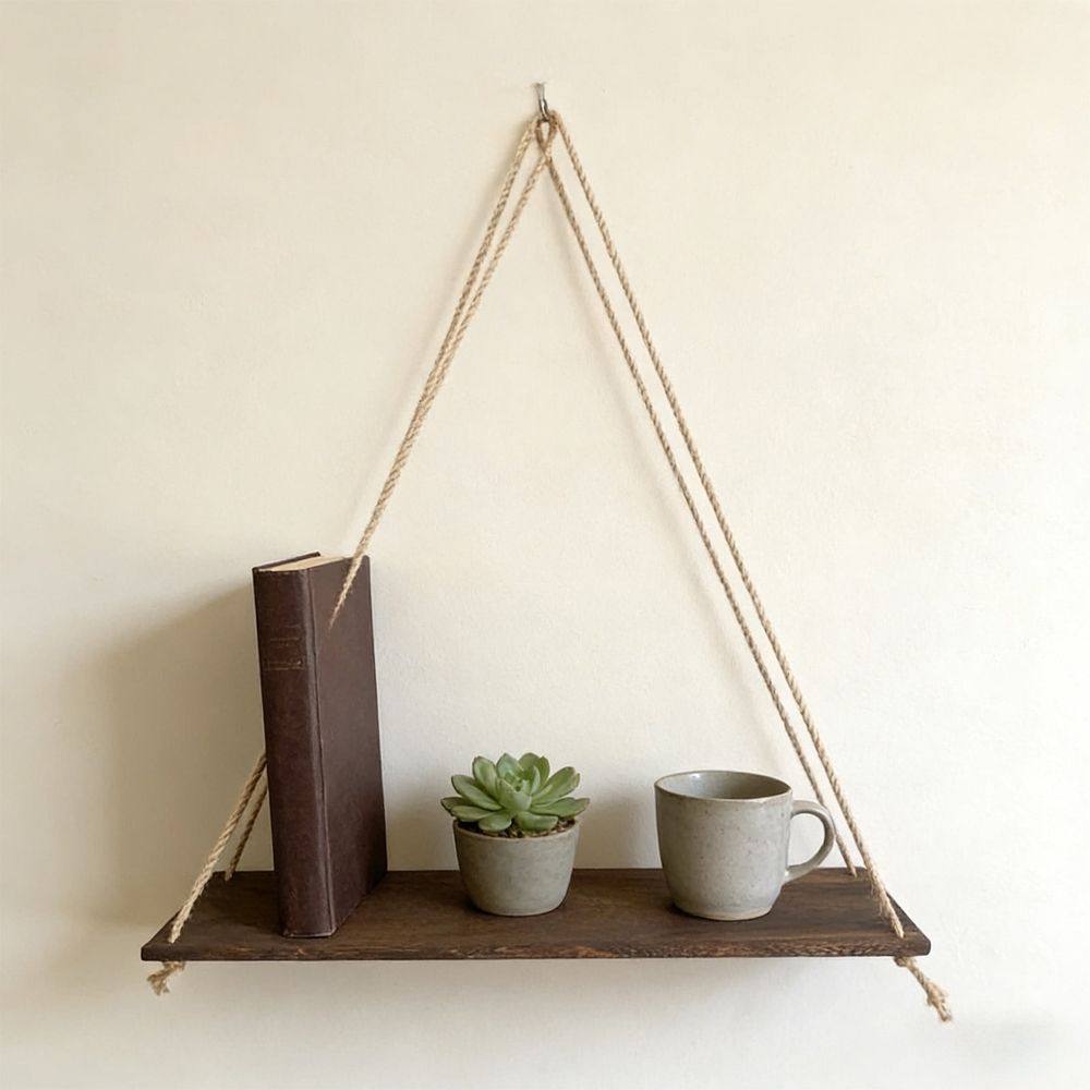 Small Boho Shelf Natural Wood Hanging Wall Shelves, Floating Rustic Storage, Space-Saving Vertical Design for Living Room, Bedroom, Kitchen, Office, Brown