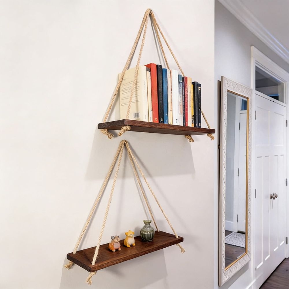 Small Boho Shelf Natural Wood Hanging Wall Shelves, Floating Rustic Storage, Space-Saving Vertical Design for Living Room, Bedroom, Kitchen, Office, Brown