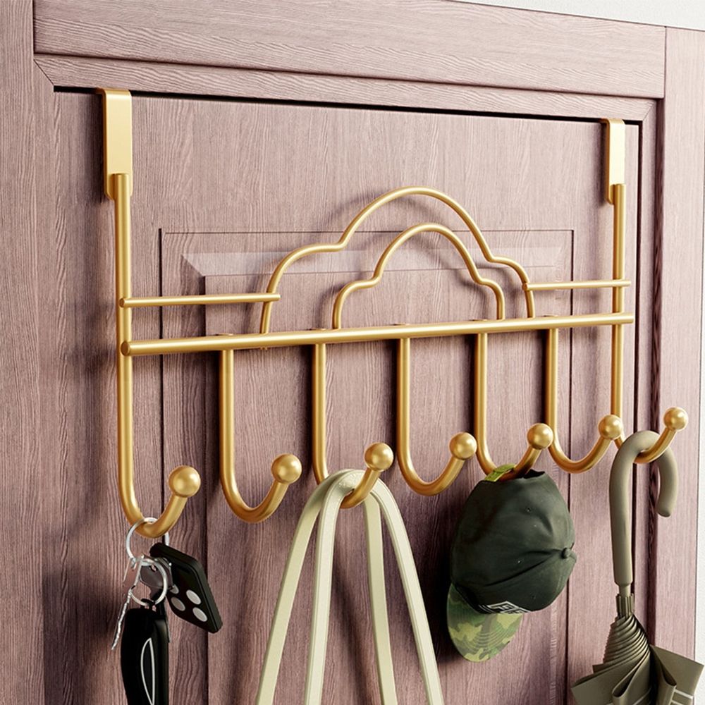 Iron over the Door Storage Hook, Punch Free Rustproof Towel Coat Hanger 16.14x8.66inch, Space Saving Organizer for Bathroom Entryway Bedroom, Gold