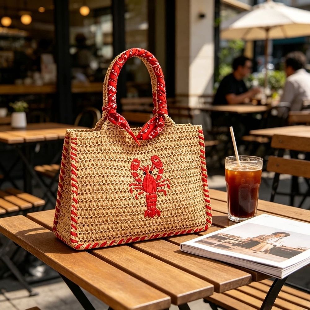 Natural Woven Straw Beach Bag, Lobster Embroidery Raffia Tote with Detachable Strap, Bohemian Mini Handbag for Vacation Resort Bag Supplies