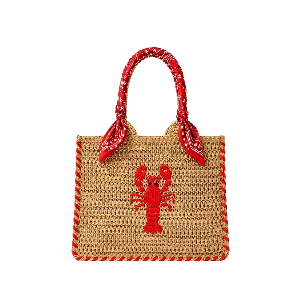 Natural Woven Straw Beach Bag, Lobster Embroidery Raffia Tote with Detachable Strap, Bohemian Mini Handbag for Vacation Resort Bag Supplies