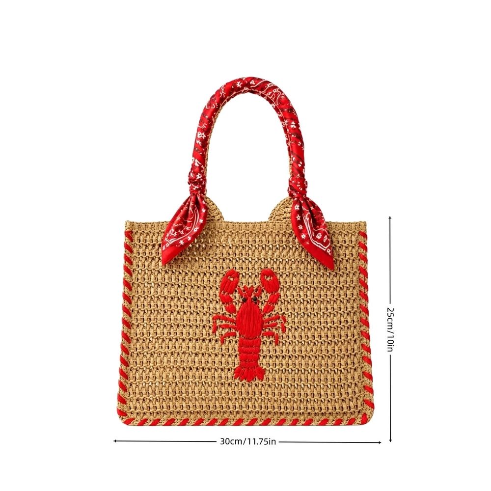 Natural Woven Straw Beach Bag, Lobster Embroidery Raffia Tote with Detachable Strap, Bohemian Mini Handbag for Vacation Resort Bag Supplies