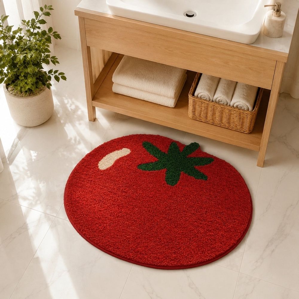 Tomato Shaped Bath Mat Cute Fruit Bathroom Rug Soft Microfiber Absorbent Shower Mat Non Slip for Bathroom Kitchen Bedroom