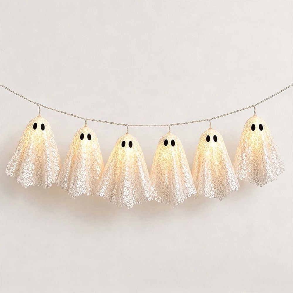 Halloween Sequin Ghost Ornament, Hollween Ghosts Banners, LED Light up Ghost Decor, Spook Ghosts Garland Hanging Decoration for Halloween Fireplace Party Yard Tree Decor