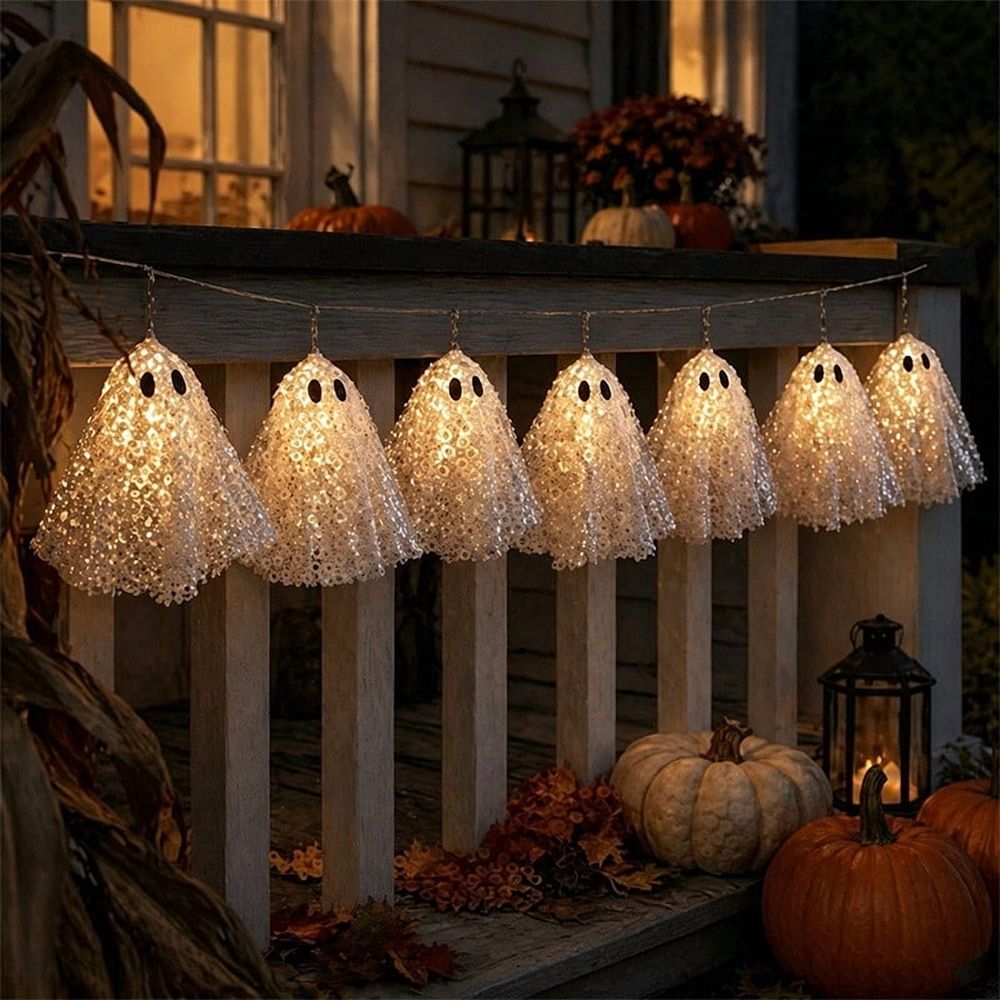 Halloween Sequin Ghost Ornament, Hollween Ghosts Banners, LED Light up Ghost Decor, Spook Ghosts Garland Hanging Decoration for Halloween Fireplace Party Yard Tree Decor