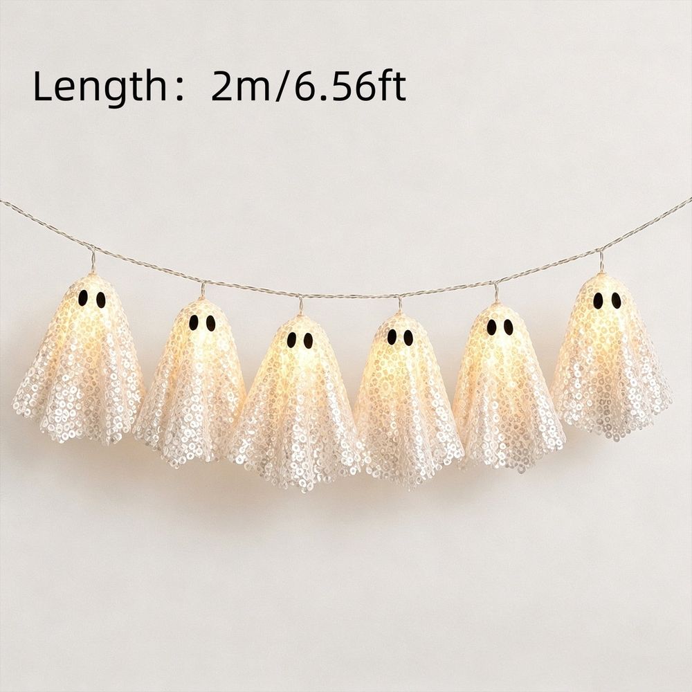 Halloween Sequin Ghost Ornament, Hollween Ghosts Banners, LED Light up Ghost Decor, Spook Ghosts Garland Hanging Decoration for Halloween Fireplace Party Yard Tree Decor