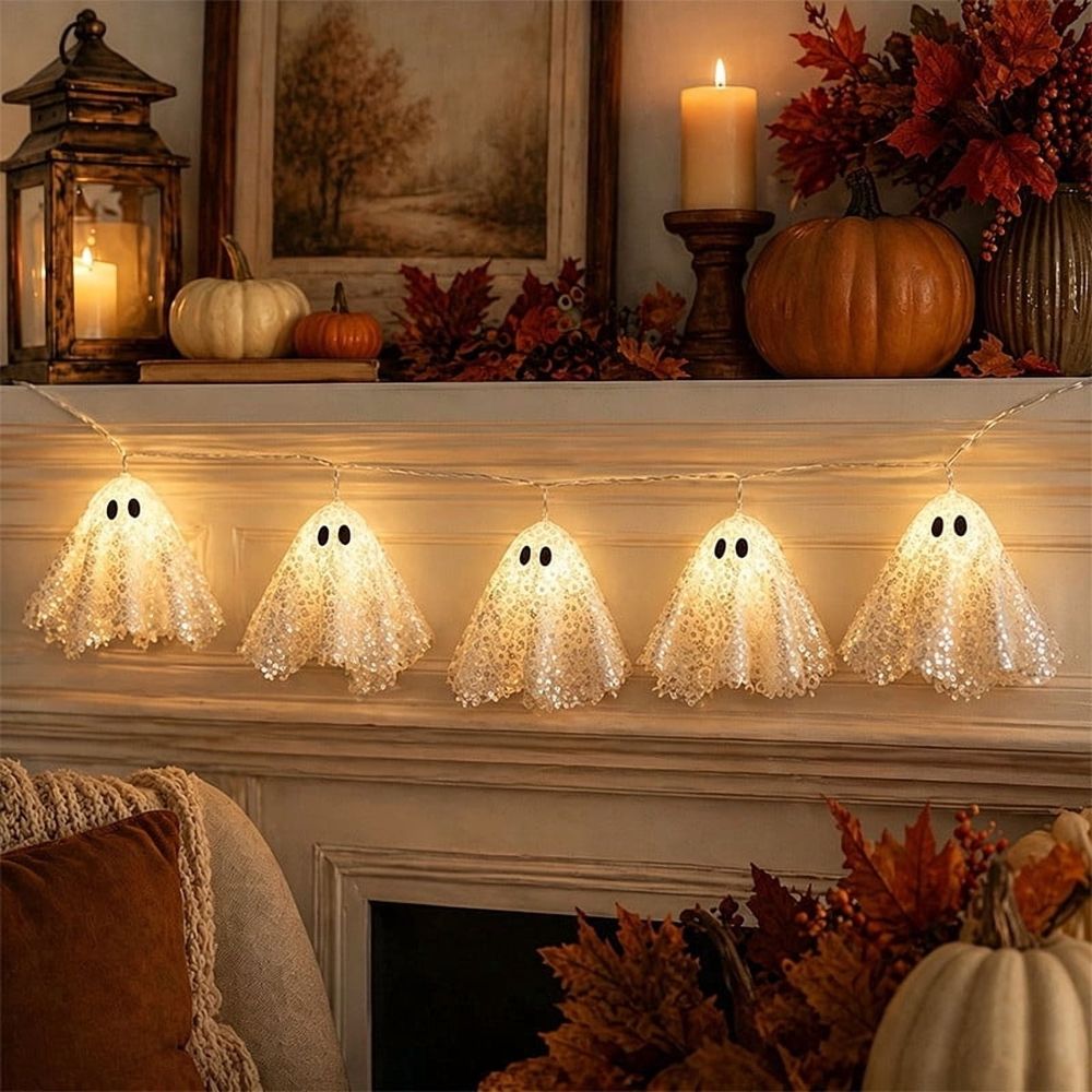 Halloween Sequin Ghost Ornament, Hollween Ghosts Banners, LED Light up Ghost Decor, Spook Ghosts Garland Hanging Decoration for Halloween Fireplace Party Yard Tree Decor