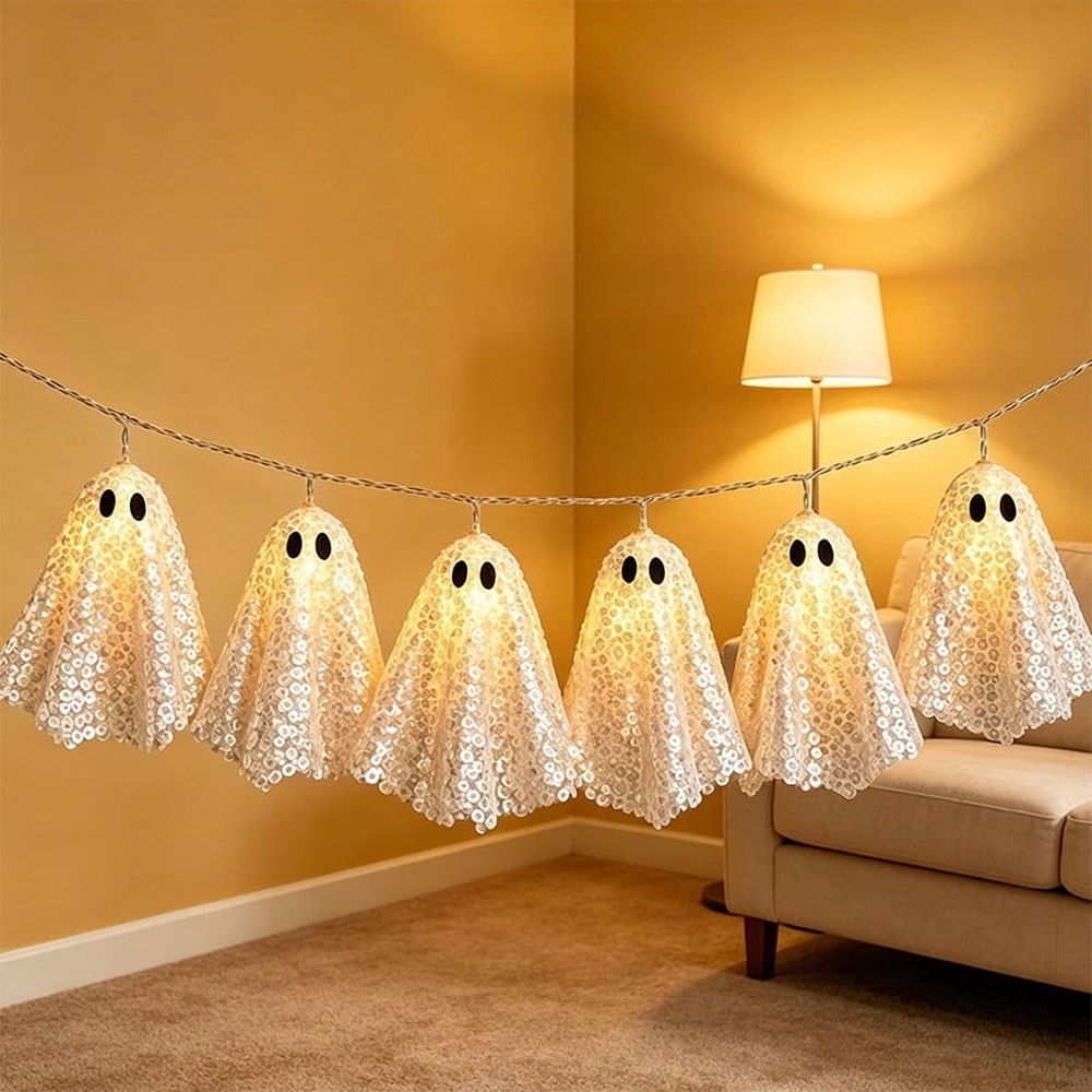 Halloween Sequin Ghost Ornament, Hollween Ghosts Banners, LED Light up Ghost Decor, Spook Ghosts Garland Hanging Decoration for Halloween Fireplace Party Yard Tree Decor