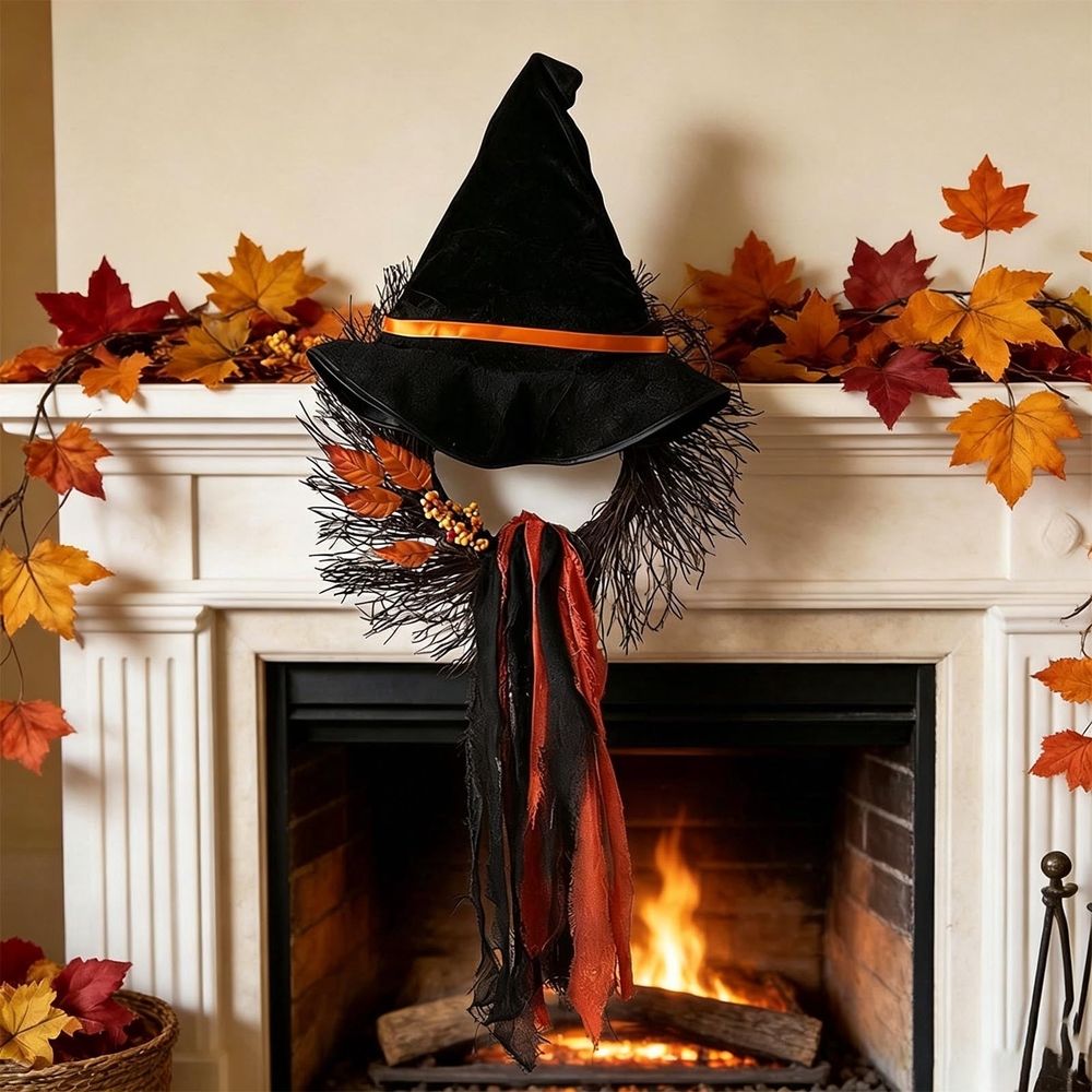 Halloween Pumpkin Shaped Wreath with Black and Orange Roses, Mini Pumpkins and Greenery, Front Door Decorative Wreath for Entryway, Window and Fireplace 13.39 Inch