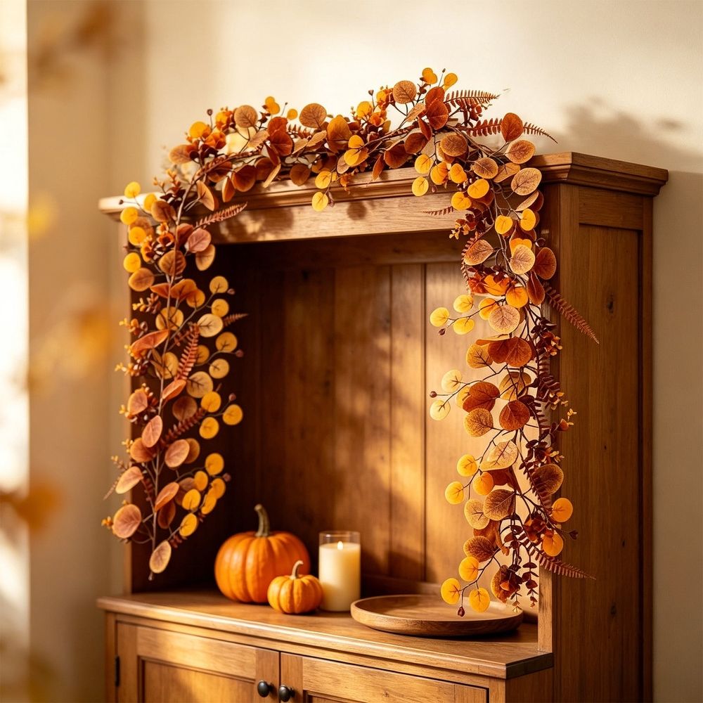 Artificial Eucalyptus Leaf Garland for Thanksgiving Fall Decor, 70.87 Inch Autumn Vine with Faux Fern Leaves for Front Door Mantel Fireplace Indoor Outdoor Decoration