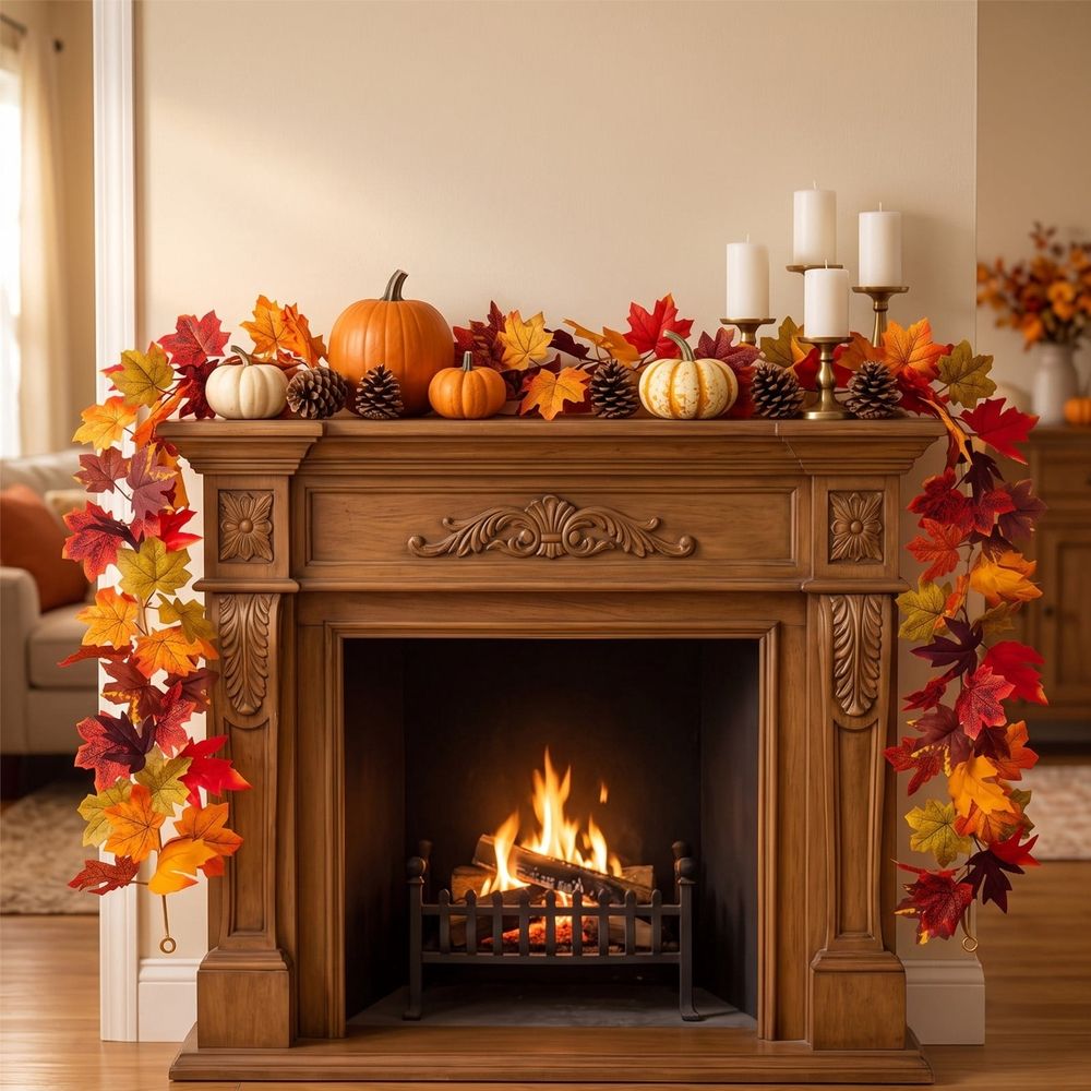 Artificial Maple Leaf Garland Fall Hanging Vine Autumn Foliage Decor for Front Door Fireplace Mantel Stair Railing Wall Thanksgiving Harvest Festival Seasonal Home Decoration 68.9 Inch