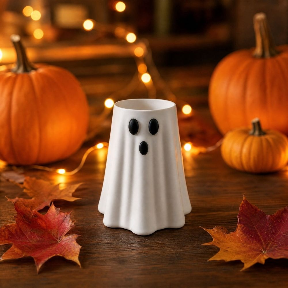 Halloween Resin Ghost Figurine, Cute Patchwork Ghost Tabletop Decoration with Plaid Bow and Pumpkin Bucket, Small Ghost Statue for Shelf, Mantel, Desk, Halloween Home Decor