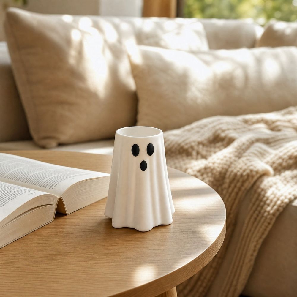 Halloween Resin Ghost Figurine, Cute Patchwork Ghost Tabletop Decoration with Plaid Bow and Pumpkin Bucket, Small Ghost Statue for Shelf, Mantel, Desk, Halloween Home Decor