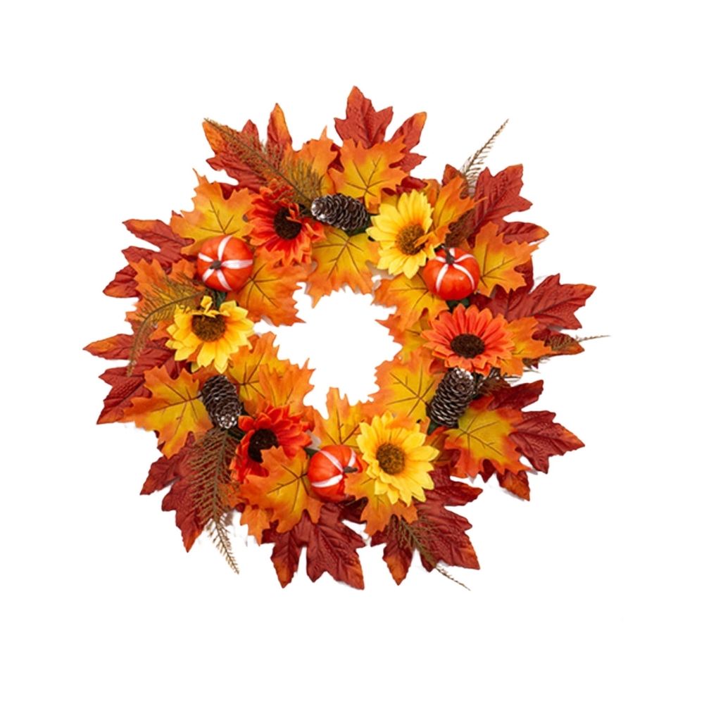 Thanksgiving Sunflower Pumpkin Wreath Artificial Maple Leaf Floral Front Door Wreath Fall Harvest Hanging Decor for Porch Wall Window Fireplace Home Decoration 15.75 inch B