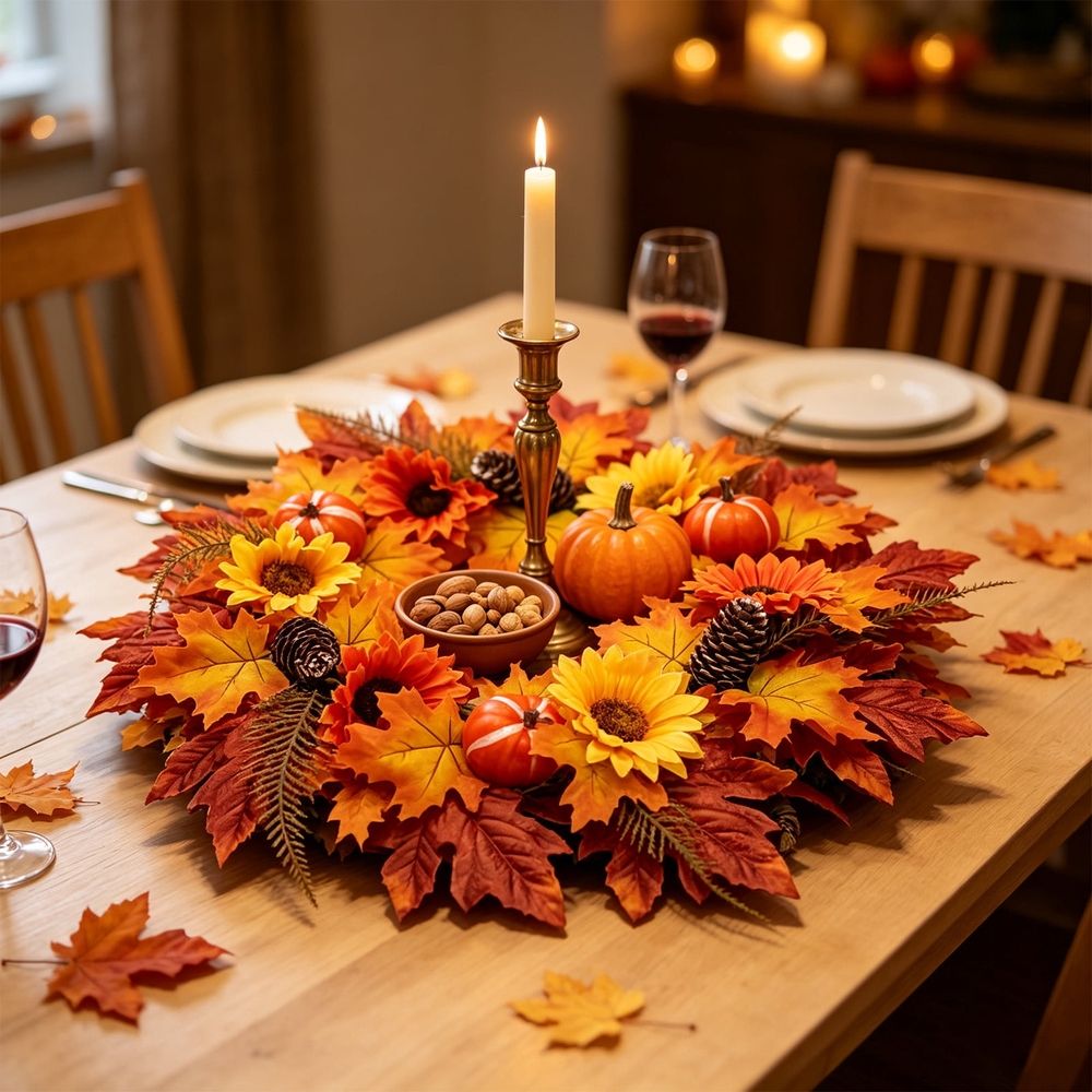 Thanksgiving Sunflower Pumpkin Wreath Artificial Maple Leaf Floral Front Door Wreath Fall Harvest Hanging Decor for Porch Wall Window Fireplace Home Decoration 15.75 inch B