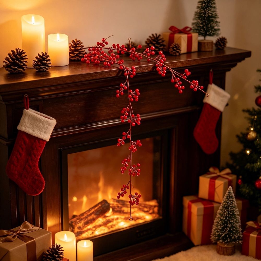 Christmas Red Berry Garland Artificial Berry Vine with Green Foliage for Fireplace Mantel Front Door Window Stair Railing Table Holiday Home Decor 39.37 inch C