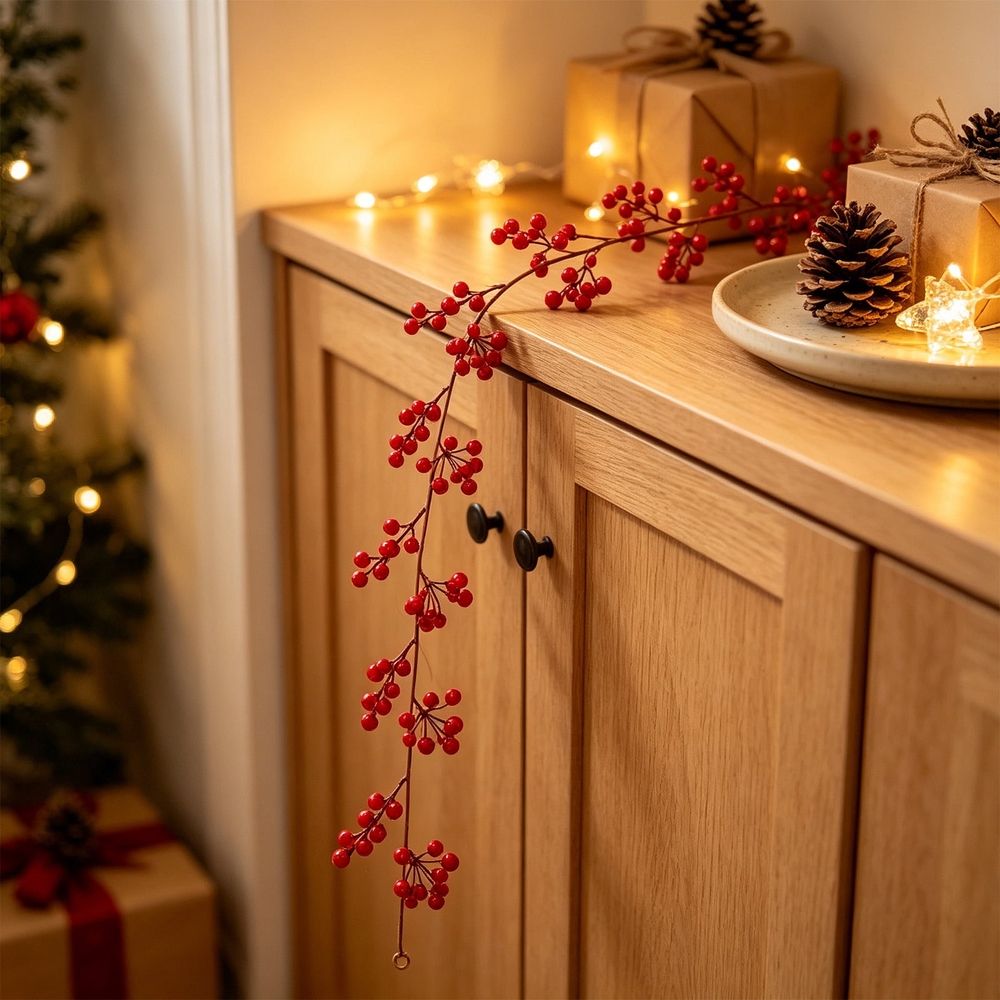 Christmas Red Berry Garland Artificial Berry Vine with Green Foliage for Fireplace Mantel Front Door Window Stair Railing Table Holiday Home Decor 39.37 inch C