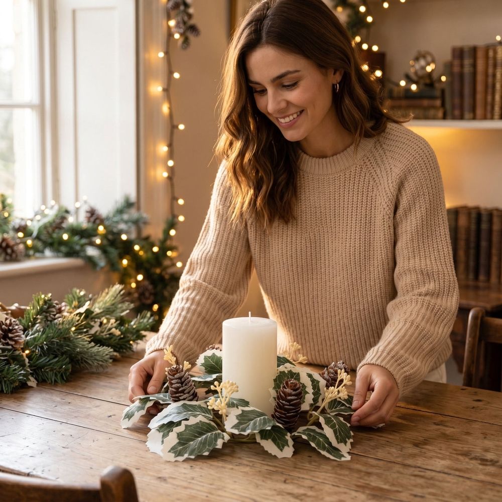 Christmas Candle Ring Wreath Artificial Pine Cone Berry Greenery Candlestick Wreath Table Centerpiece for Holiday Dining Table Candle Holder Decor 11 inch A