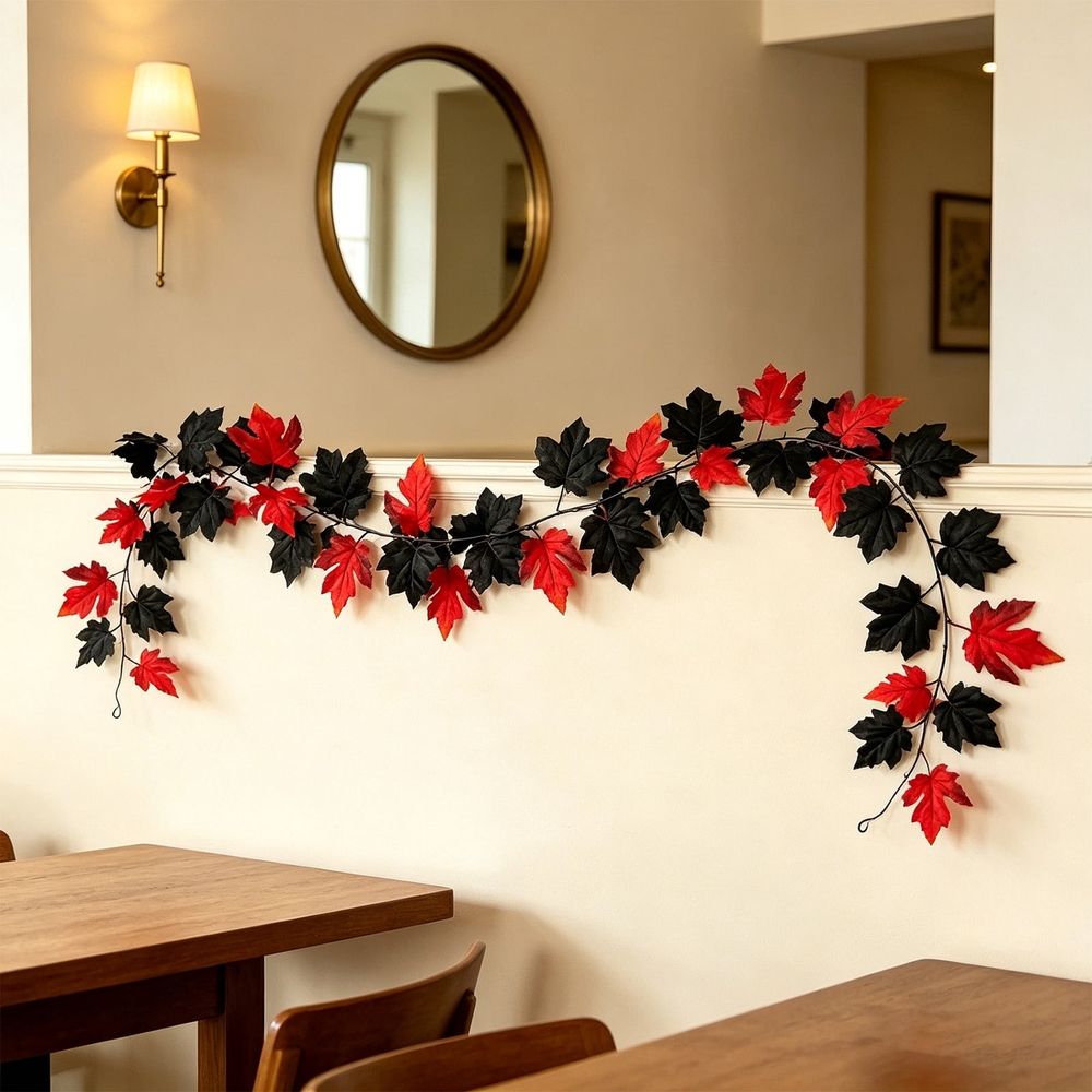 Halloween Maple Leaf Garland Artificial Black Maple Leaf Vine Fall Hanging Garland for Fireplace Mantel Front Door Stair Railing Porch Indoor Outdoor Party Decor 39.3 inch