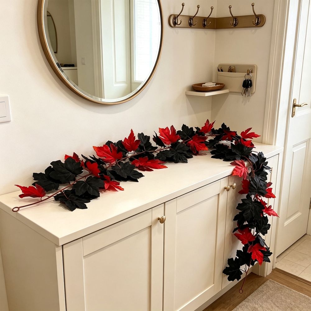 Halloween Maple Leaf Garland Artificial Black Maple Leaf Vine Fall Hanging Garland for Fireplace Mantel Front Door Stair Railing Porch Indoor Outdoor Party Decor 39.3 inch