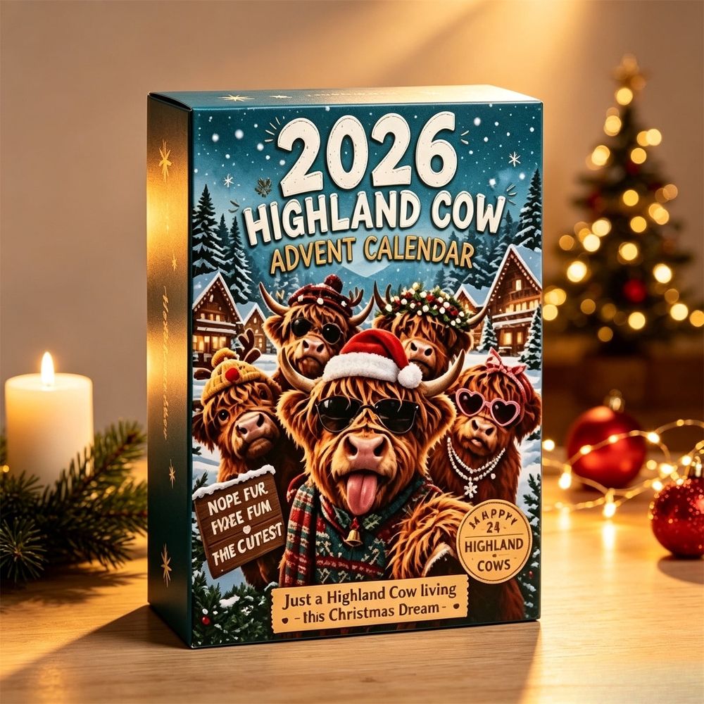 Christmas Highland Cow Countdown Calendar, 24 Acrylic 2D Cow Ornaments, Holiday Advent Calendar Box for Christmas Tree Home Party Gift Decor 10 inch
