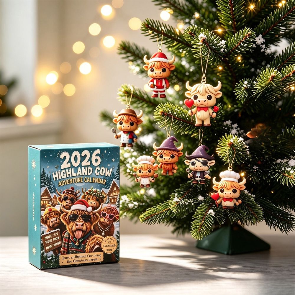 Christmas Highland Cow Countdown Calendar, 24 Acrylic 2D Cow Ornaments, Holiday Advent Calendar Box for Christmas Tree Home Party Gift Decor 10 inch