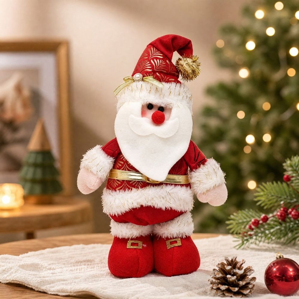 Christmas Standing Figurines Santa Claus, Stuffed Holiday Tabletop Decorations With Fabric Details for Home Mantel Fireplace Shelf Window Party Decor 15 inch