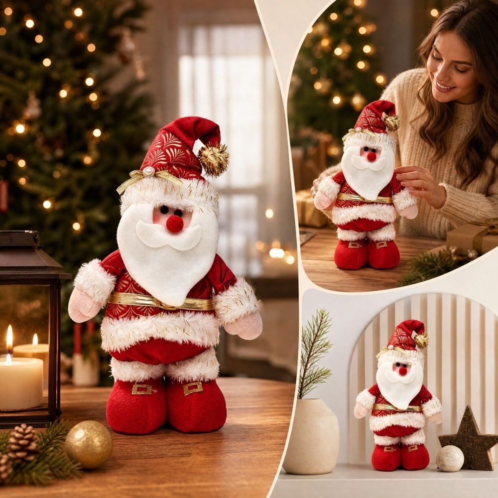 Christmas Standing Figurines Santa Claus, Stuffed Holiday Tabletop Decorations With Fabric Details for Home Mantel Fireplace Shelf Window Party Decor 15 inch