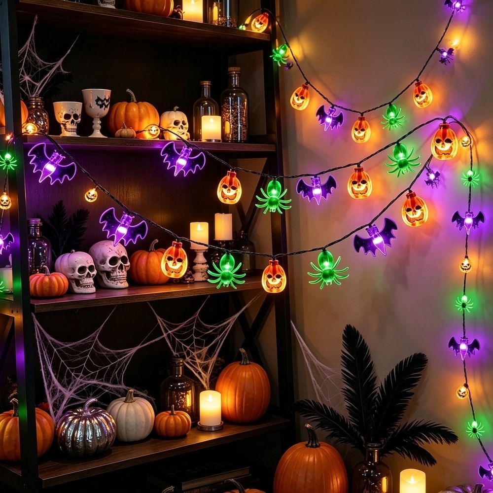 Halloween String Lights Pumpkin Ghost Bat LED Lights Battery Operated Decorative Lights For Indoor Outdoor Porch Yard Tree Party Home Decor 59 inch