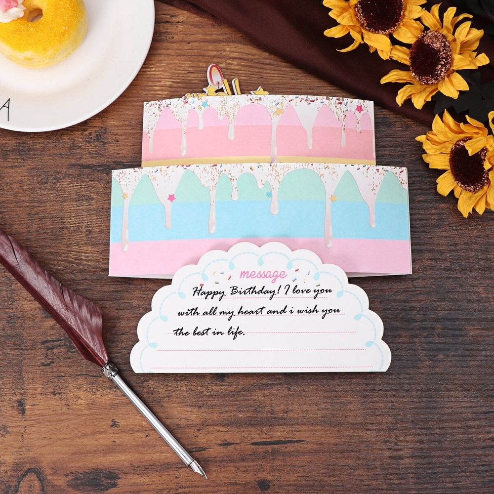 3D Two-Layer Birthday Cake Greeting Card with Envelope for Special Celebrations