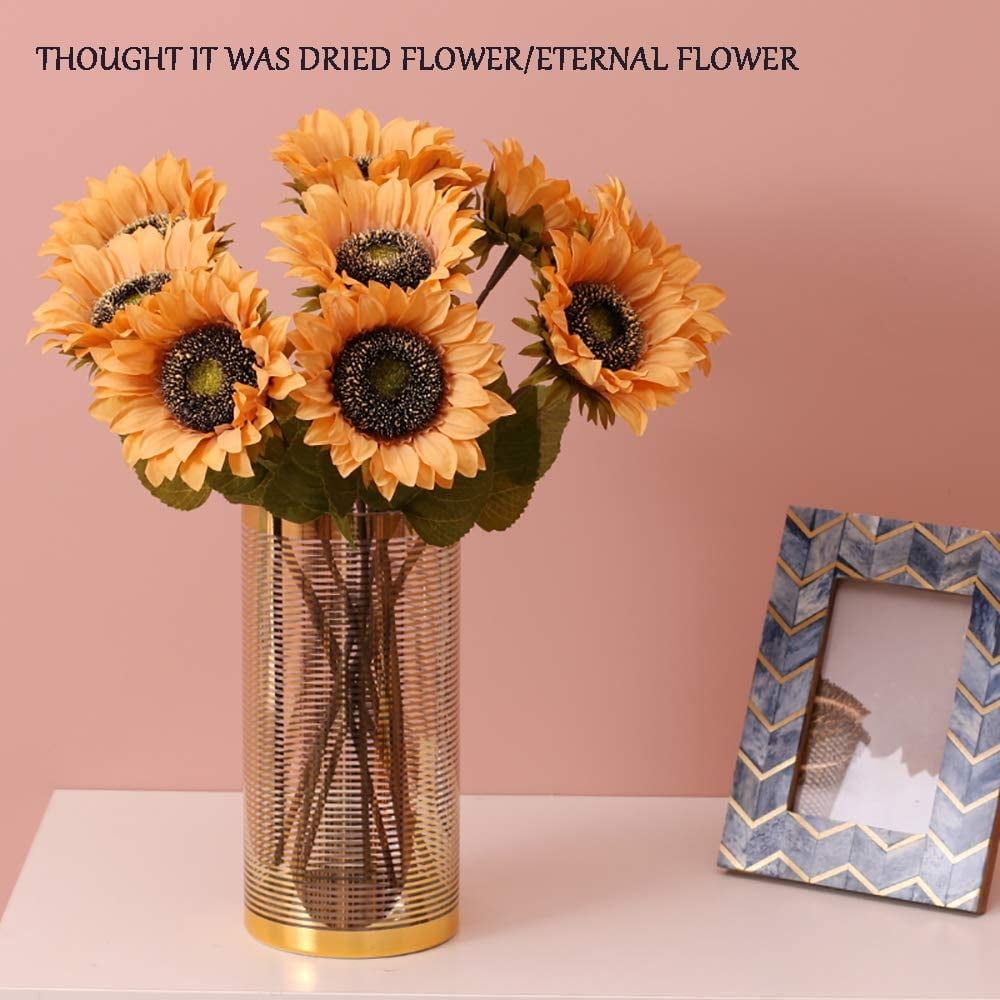 5PCS Artificial Sunflower Flowers Long Stem Large Silk Sunflowers Bridal Wedding Bouquet Fake Yellow Flower Arrangements for Outdoor