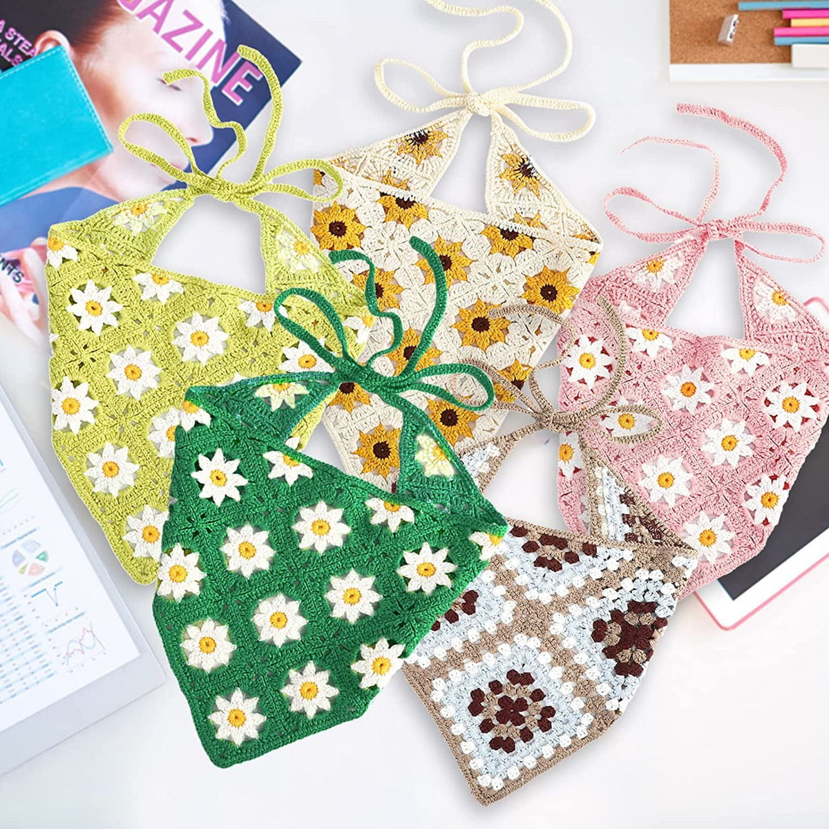 Floral Crochet Hair Bandanas Headscarf Knitted Hair Scarves Crochet Hair Kerchief Daisy Headband Headwrap