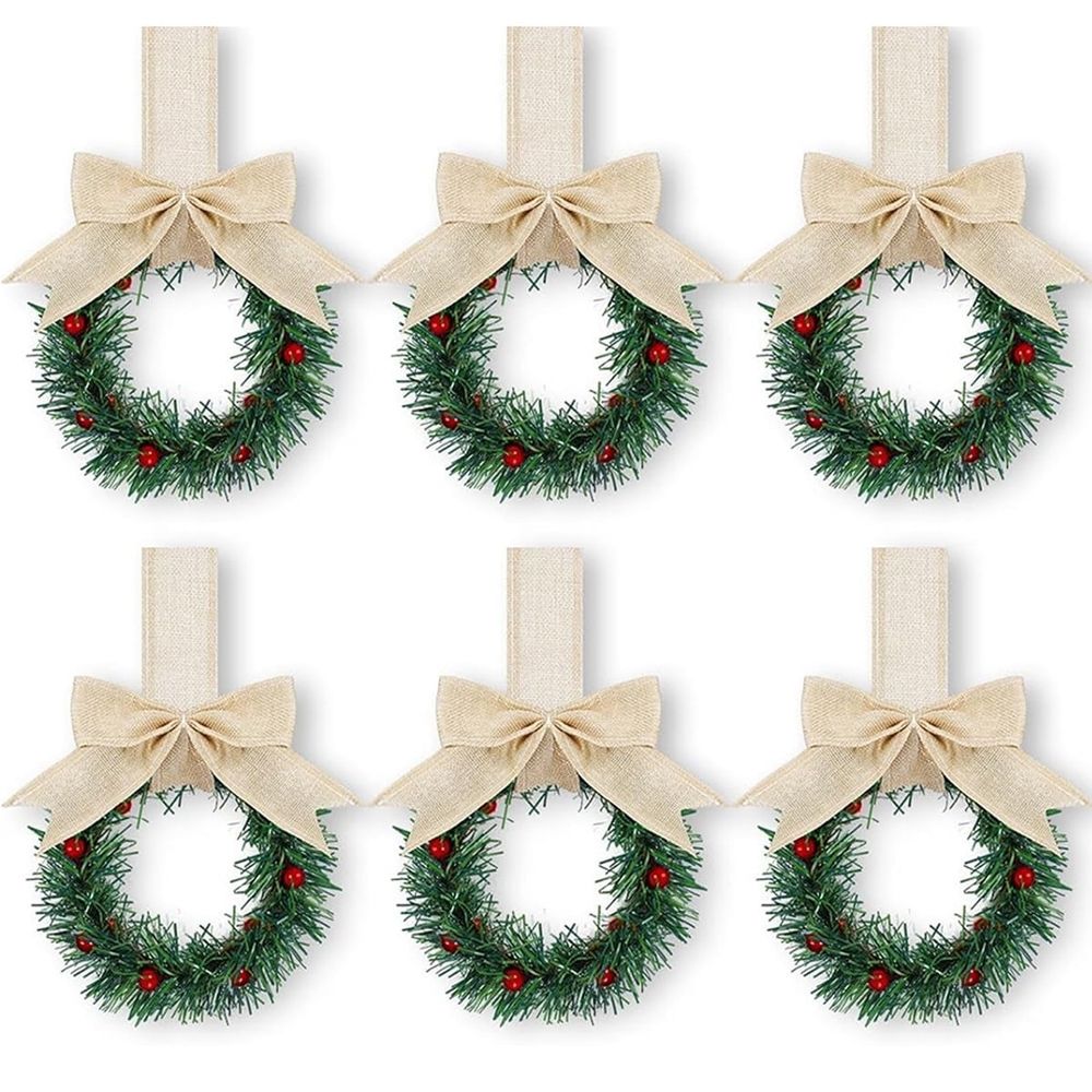 6PCS Christmas Kitchen Cabinet Wreaths with Plaid Bow Ribbon Hanging Cabinet Doors Wreaths Decorative for Kitchen Window Outdoor Indoor Holiday Decor