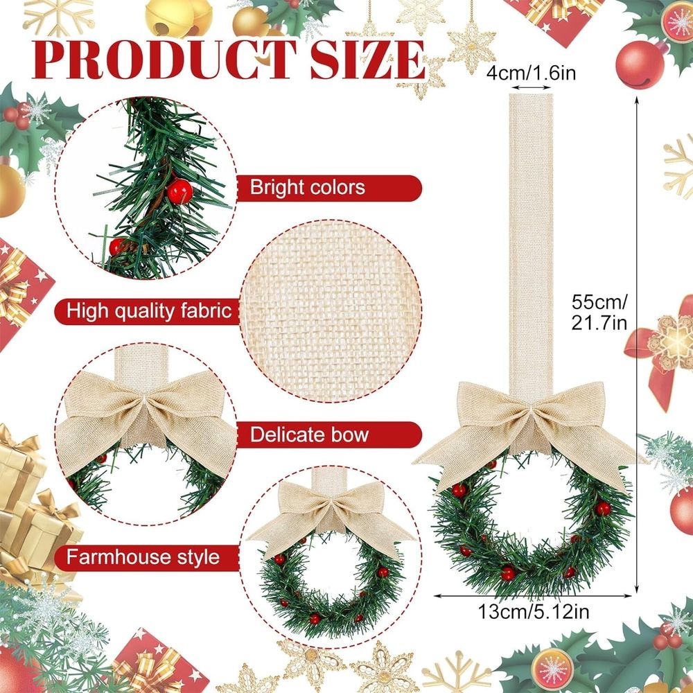 6PCS Christmas Kitchen Cabinet Wreaths with Plaid Bow Ribbon Hanging Cabinet Doors Wreaths Decorative for Kitchen Window Outdoor Indoor Holiday Decor