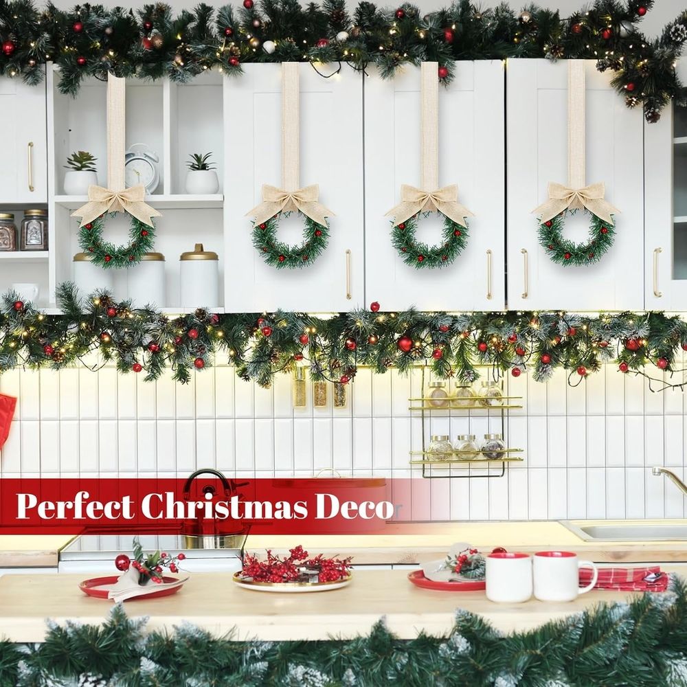 6PCS Christmas Kitchen Cabinet Wreaths with Plaid Bow Ribbon Hanging Cabinet Doors Wreaths Decorative for Kitchen Window Outdoor Indoor Holiday Decor