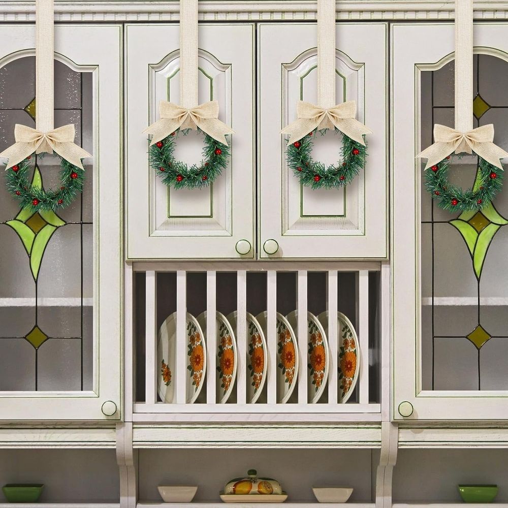 6PCS Christmas Kitchen Cabinet Wreaths with Plaid Bow Ribbon Hanging Cabinet Doors Wreaths Decorative for Kitchen Window Outdoor Indoor Holiday Decor