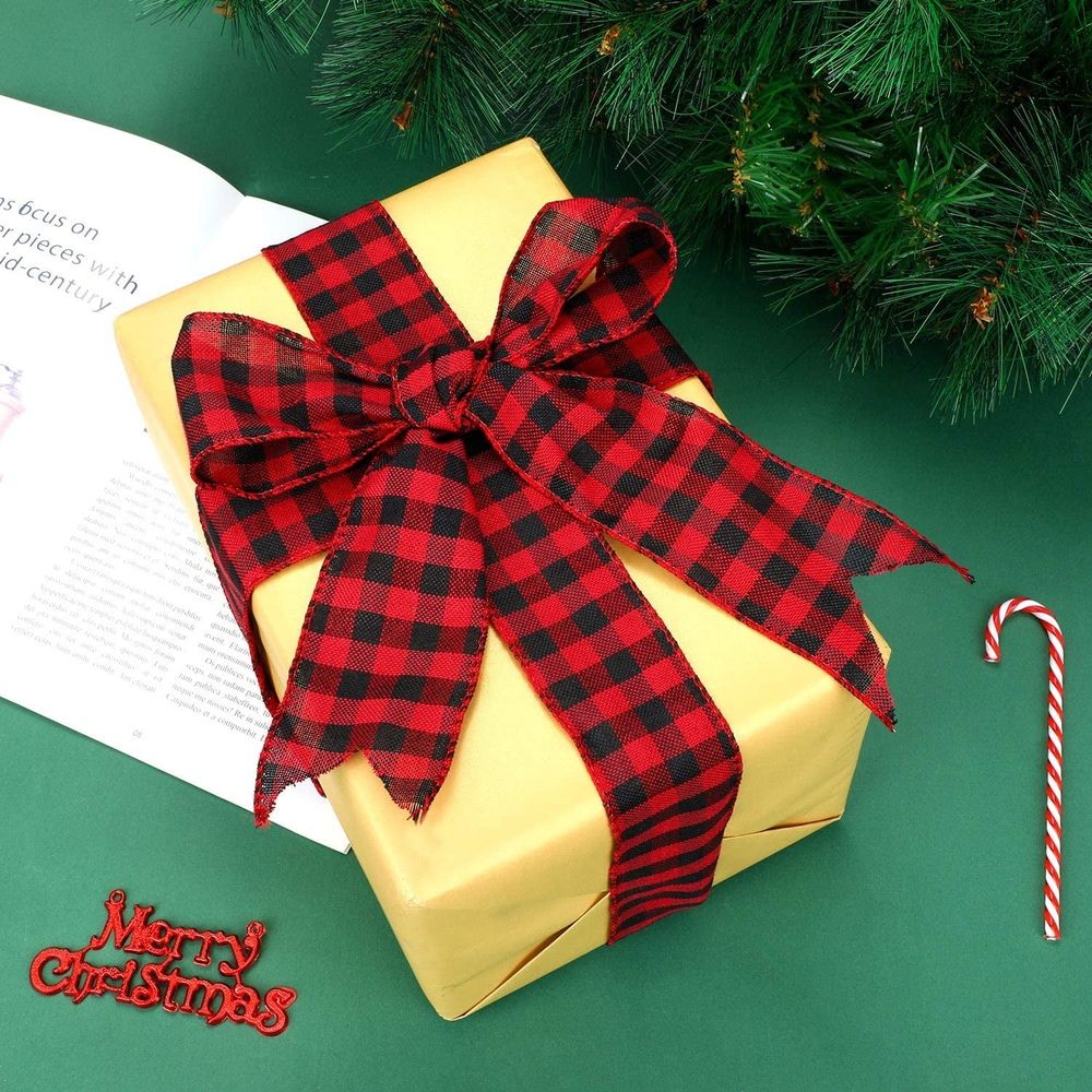 Buffalo Plaid Ribbons Wired Edges, 2 Rolls Black and White Checkered Ribbon for Christmas Tree Gift Decorations